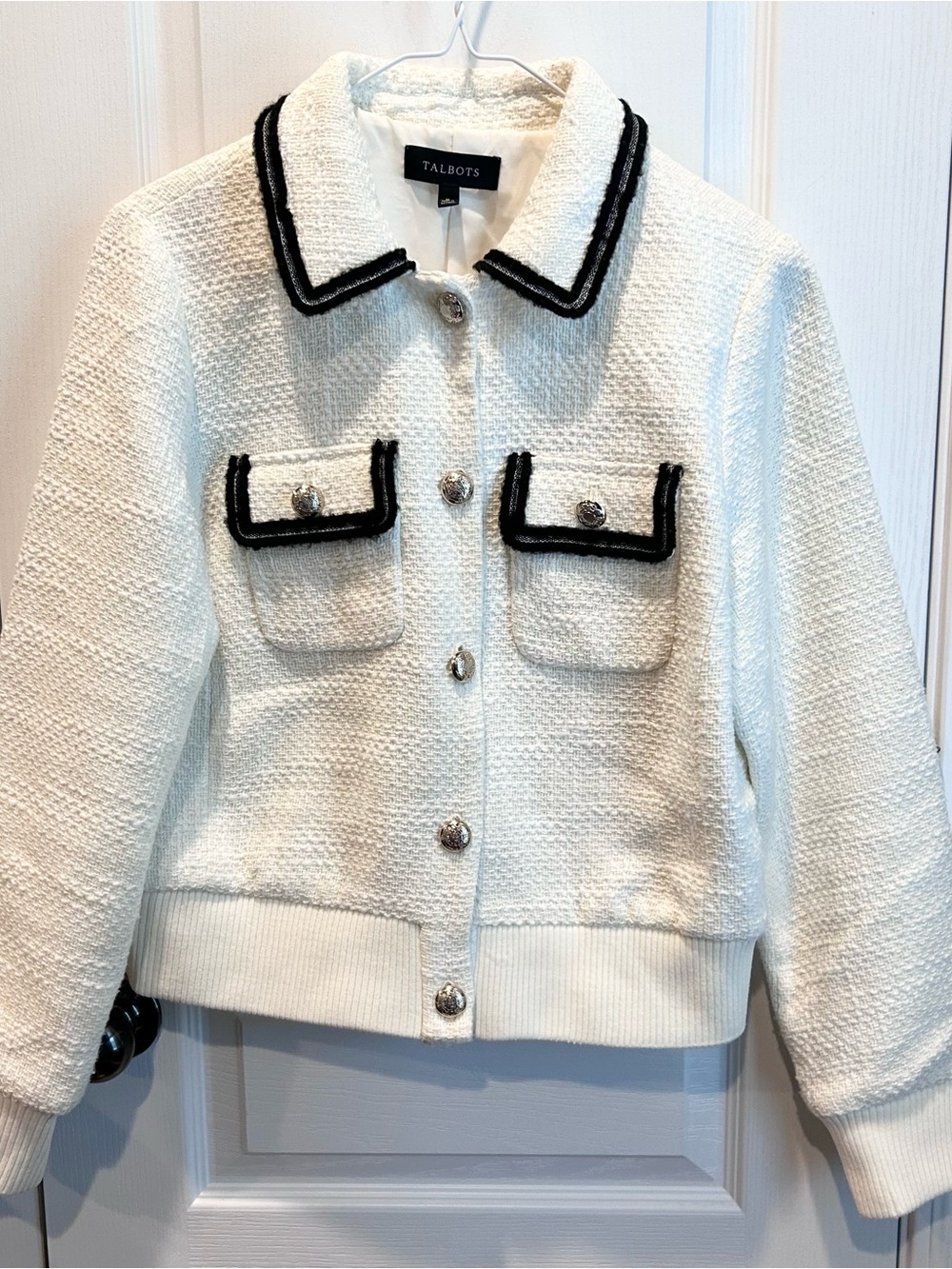 Talbots White Tweed Contrast Trim Lady Jacket Medium Off-White Cropped Bomber MD